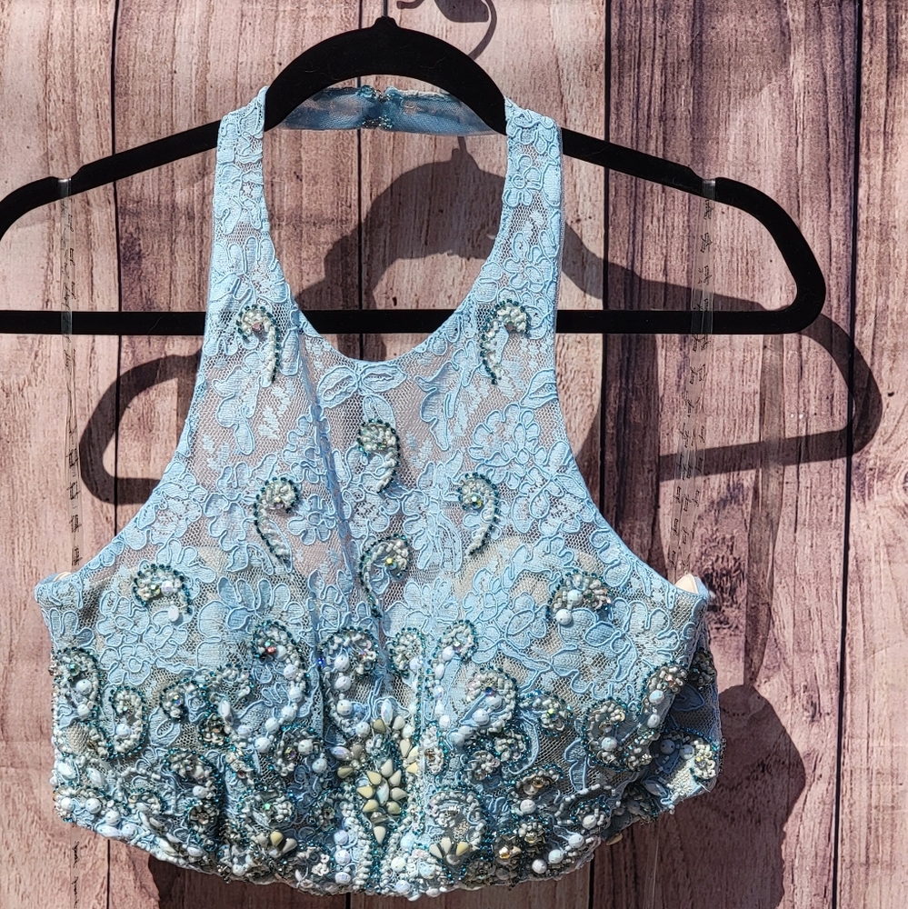 Jasz Couture Baby Blue Lace 2-Piece Halter Gown, Sz 12 - Picture 4 of 9